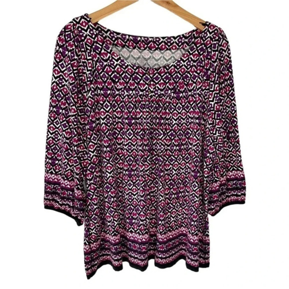 Charter Club Tunic 2X Purple Geometric 3/4 Sleeve Henley Knit Top
